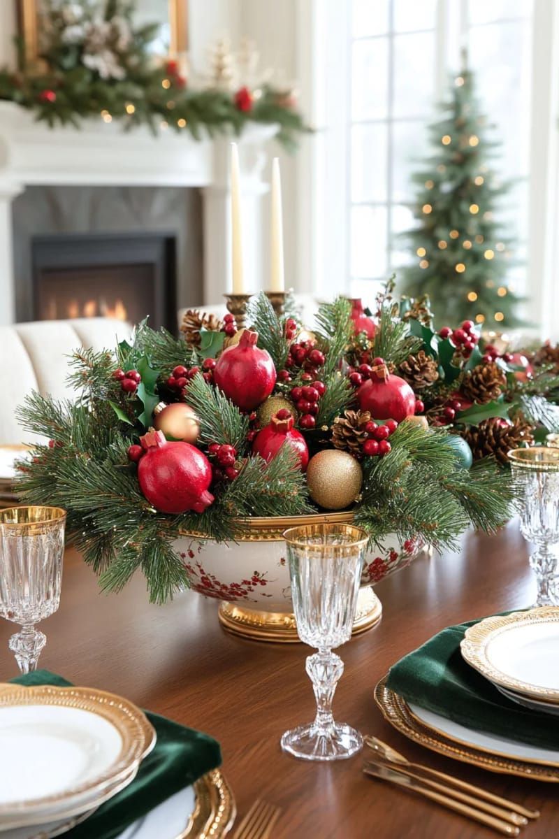 centerpiece bowl filled with pomegranates and evergreen branches 1