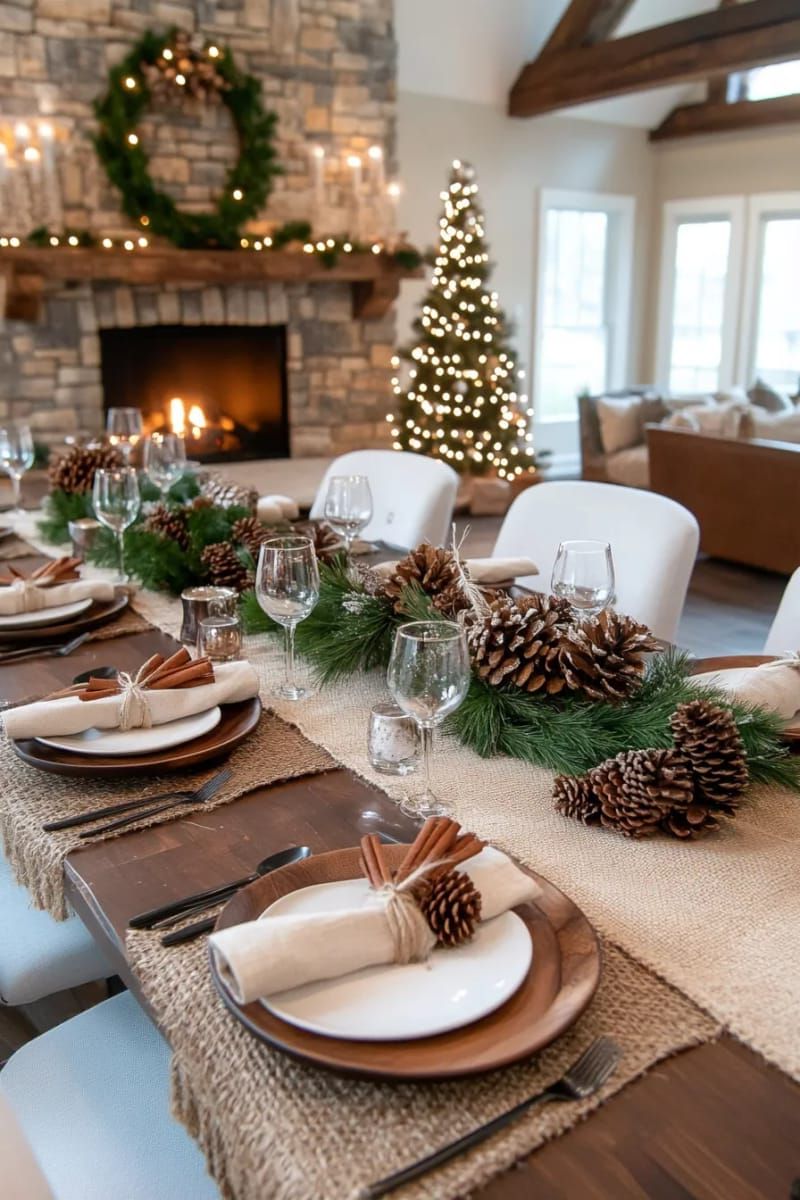 pinecone and cinnamon stick bundles at each plate for rustic charm 1