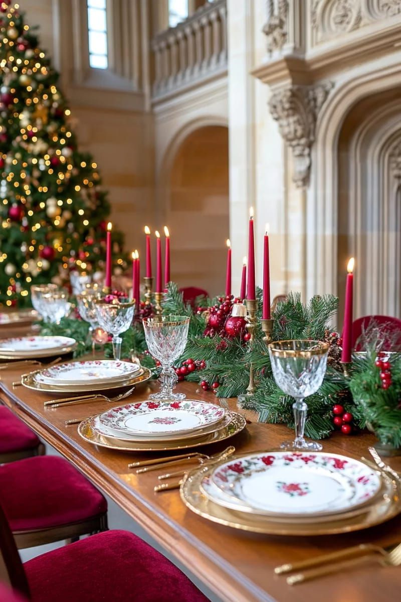 classic gold-rimmed plates and crystal glasses with crimson taper candles 1