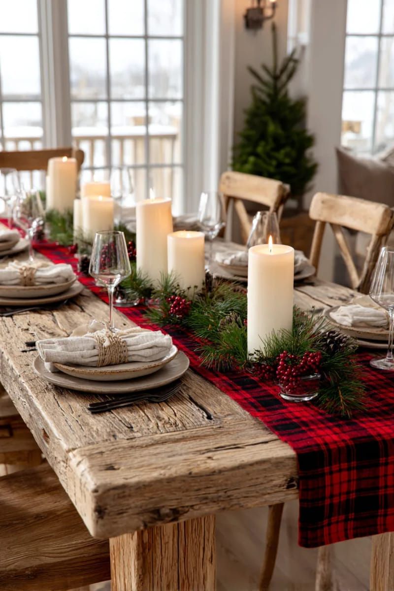 cozy farmhouse setup: plaid runners, pine sprigs, and chunky candles 1