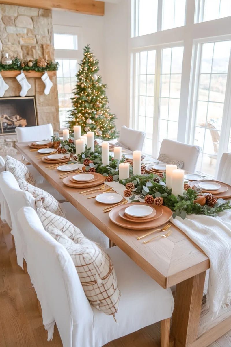 rustic wooden garland centerpiece with eucalyptus, berries, and pillar candles 1