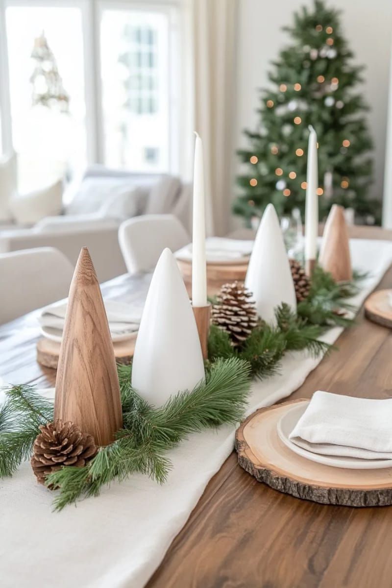 neutral linen runner with white ceramic christmas trees and wood accents 1