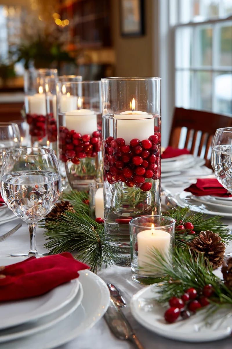 tall hurricane vases with floating cranberries and tea lights 1