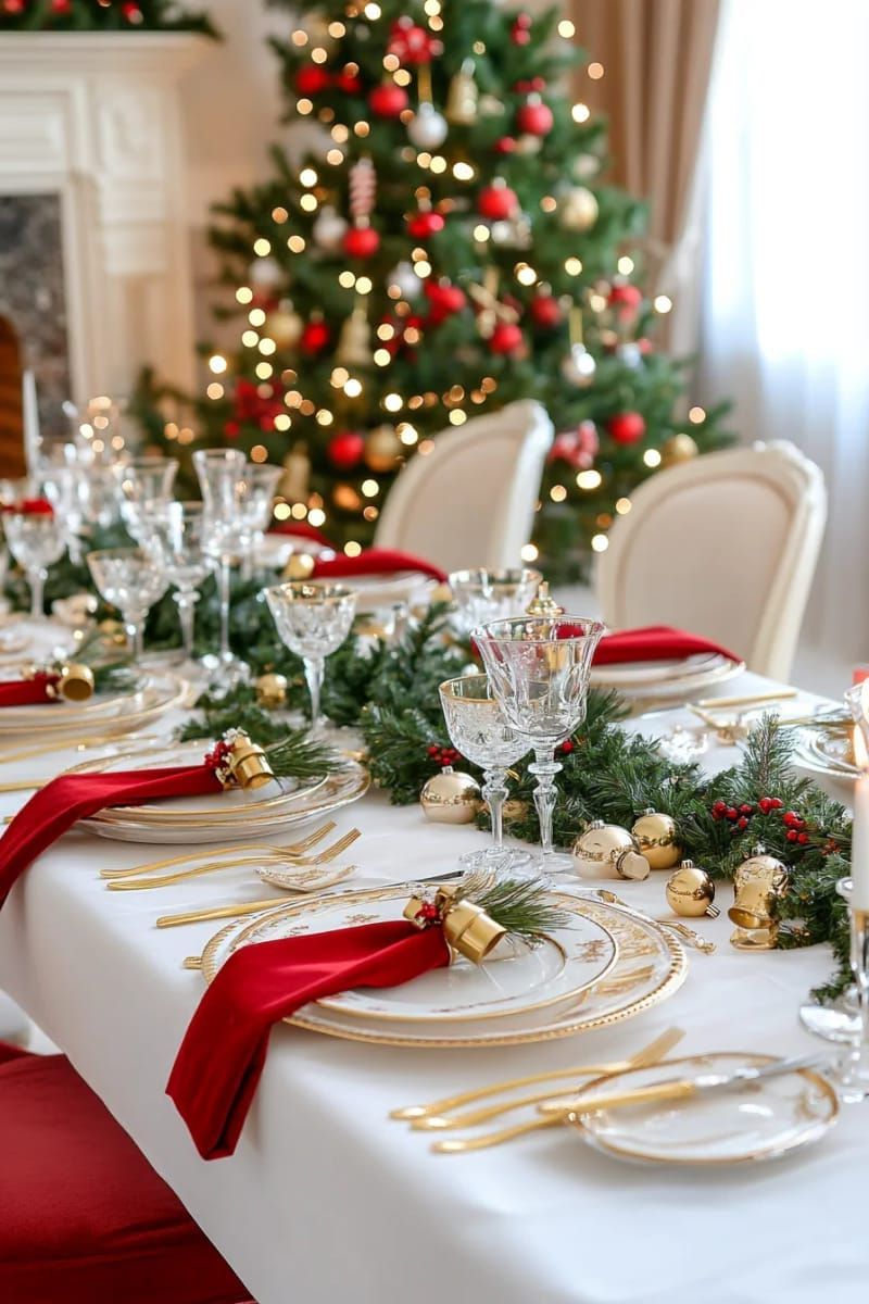 velvet red napkins tied with gold bells and pine sprigs 1