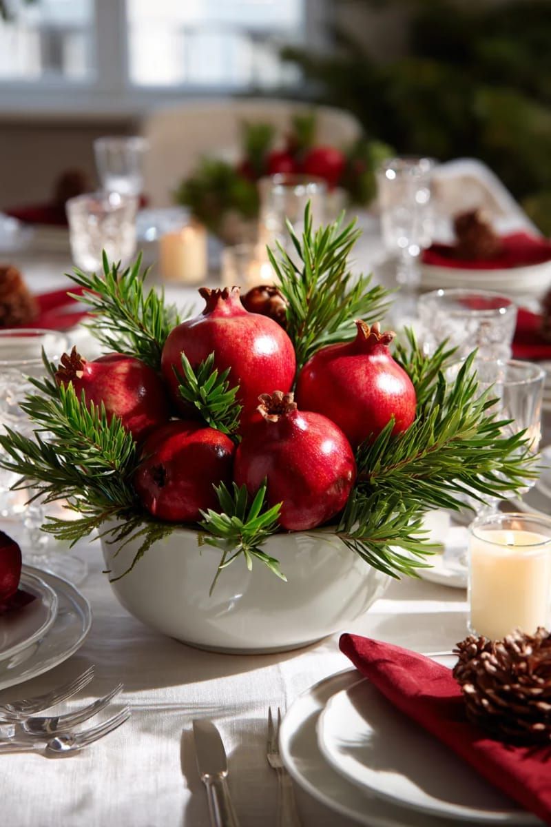 centerpiece bowl filled with pomegranates and evergreen branches 1