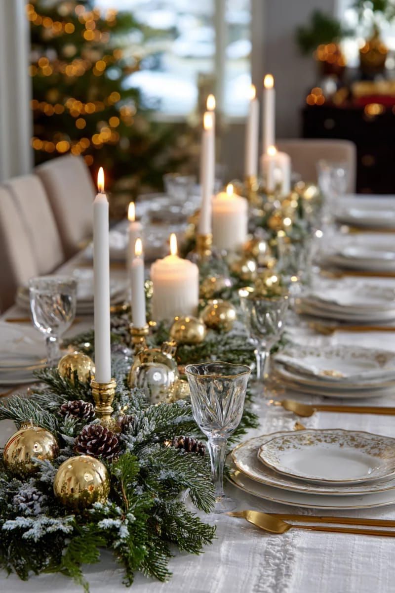 frosted pine garland weaving between candlesticks and golden baubles 1