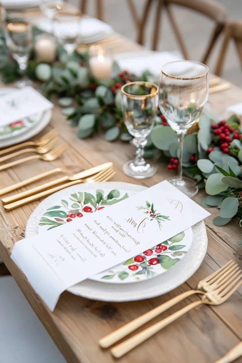 hand-lettered menus with watercolor holly at each seat 1