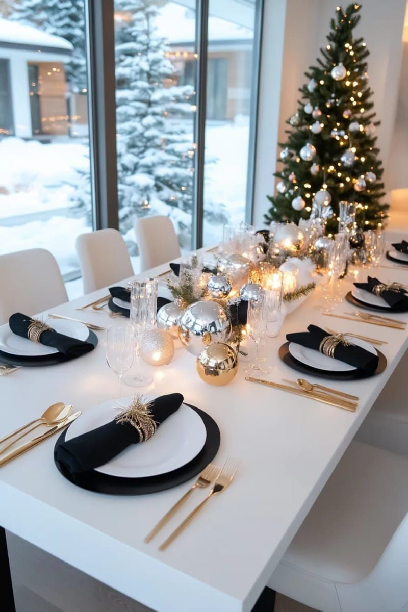 sleek modern arrangement: white plates, black napkins, metallic ornaments 1