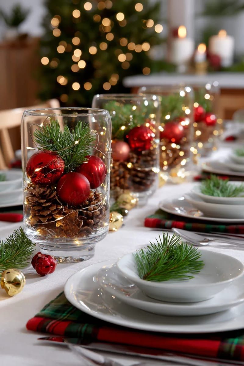 tall glass vases filled with pinecones, red ornaments, and fairy lights 1