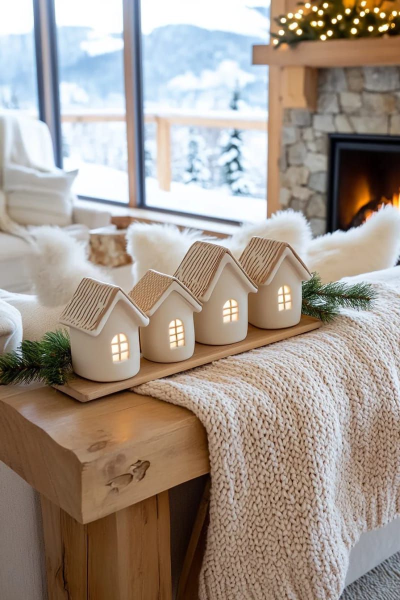 neutral ceramic houses with tea lights for a cozy village 1