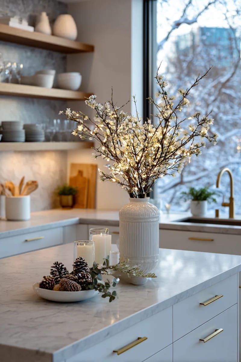 modern glass vase filled with winter branches and fairy lights 1
