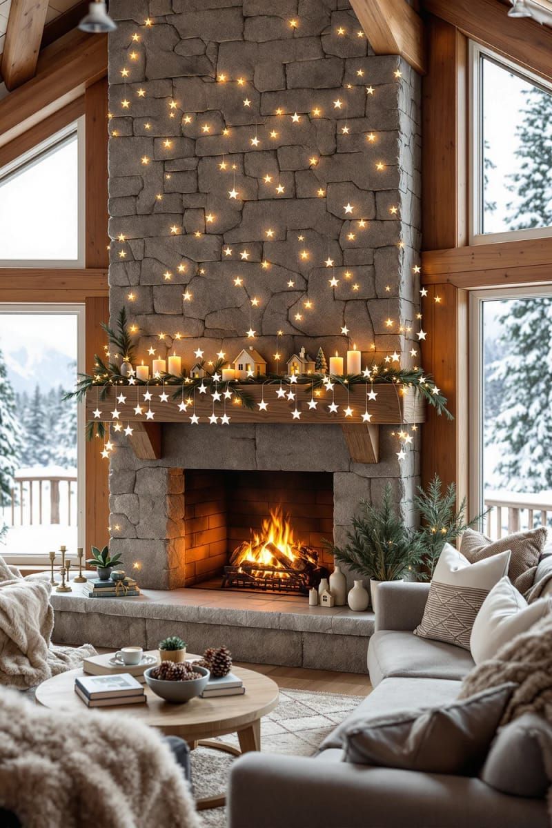 minimalist paper star garland draped across the mantel 1