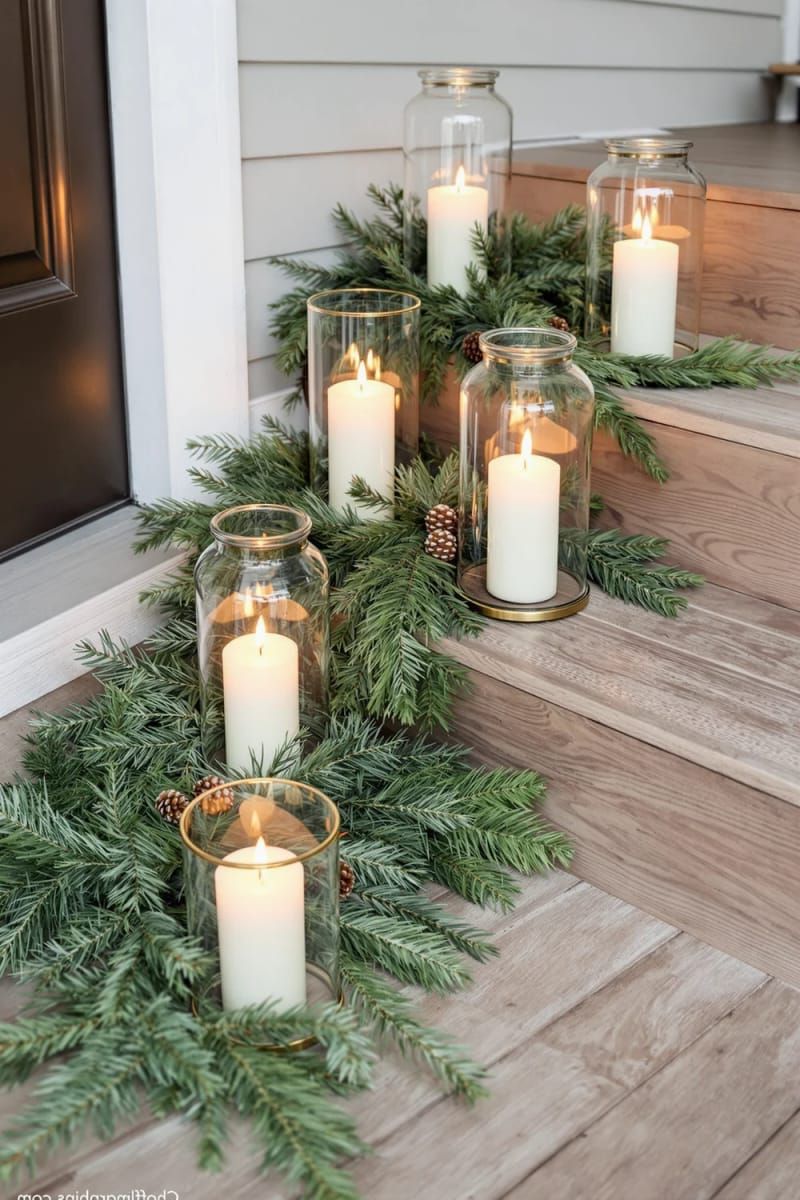candle-lit lanterns surrounded by pine sprigs on the porch 1