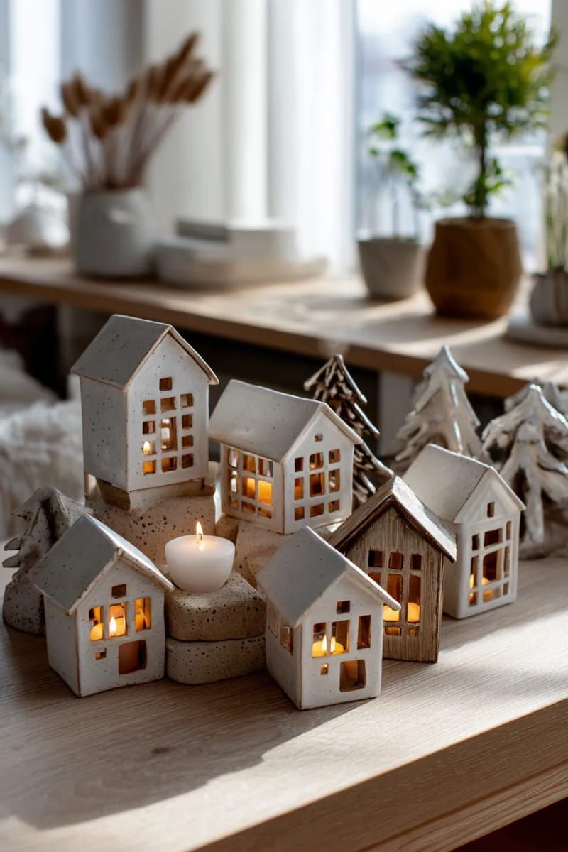 neutral ceramic houses with tea lights for a cozy village 1