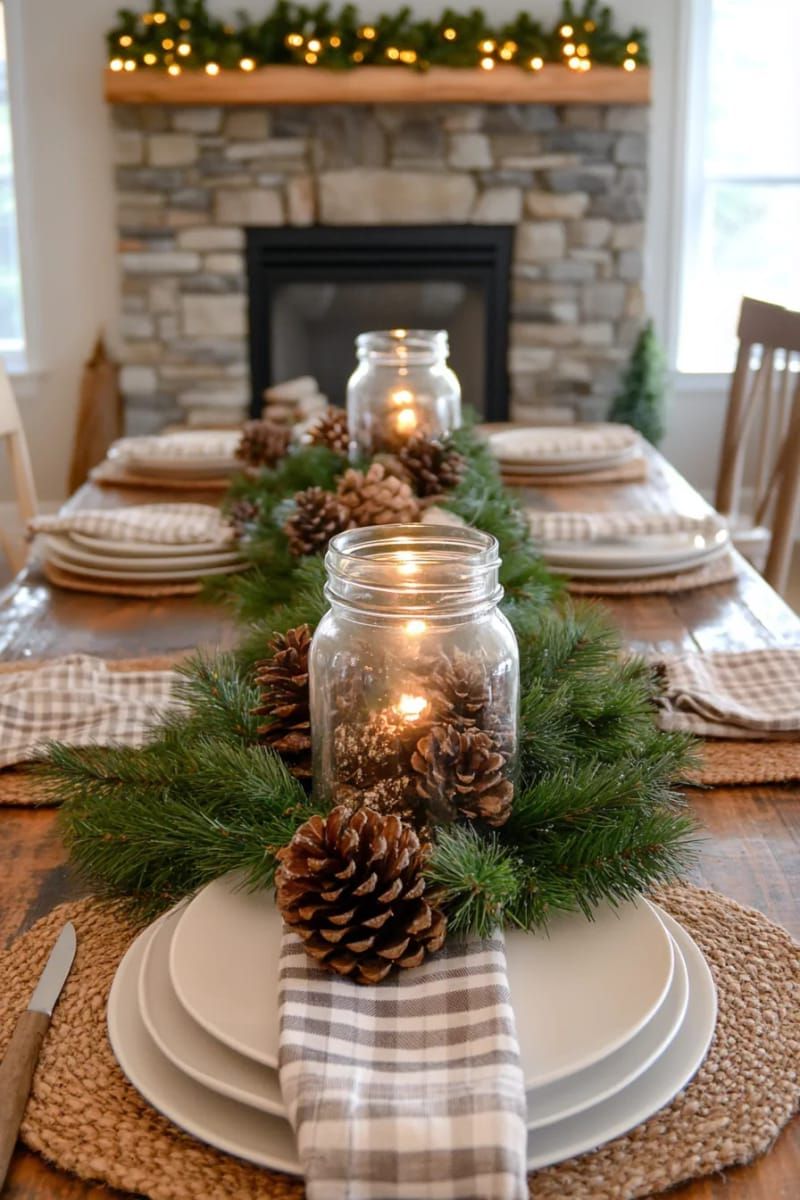 mason jar centerpiece filled with pinecones and fairy lights 1