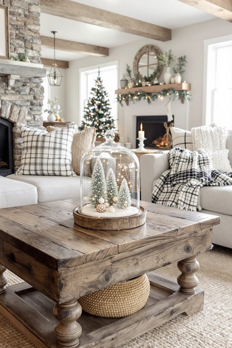 glass cloche with tiny bottle brush trees and faux snow 1