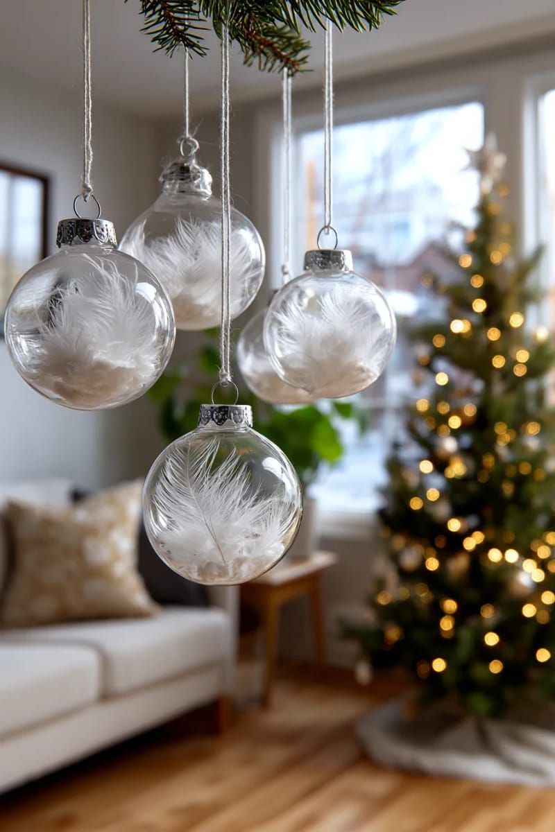 clear glass ornaments filled with white feathers 1