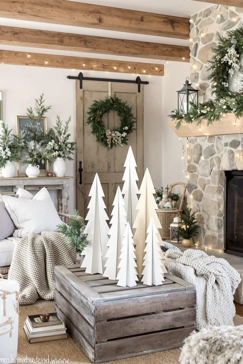 diy cardboard christmas trees painted in soft neutral tones 1