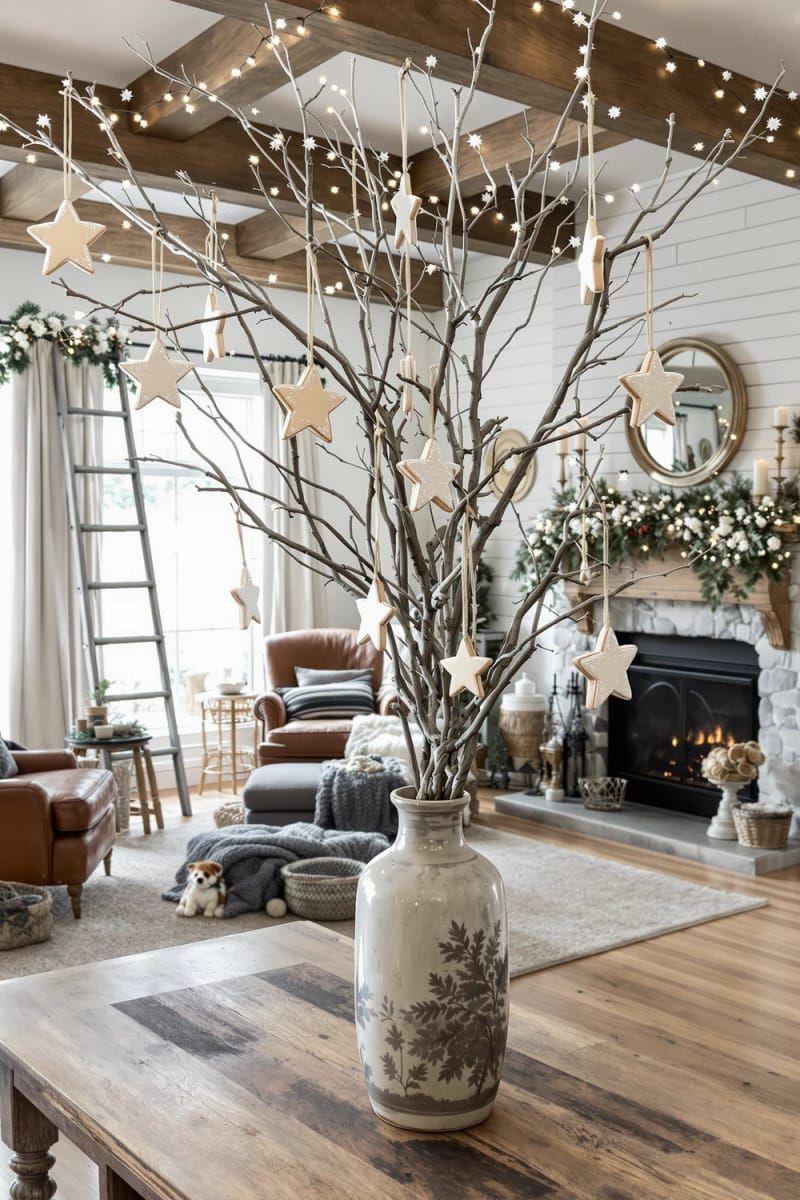 star-shaped cookie ornaments tied with twine on a bare branch 1