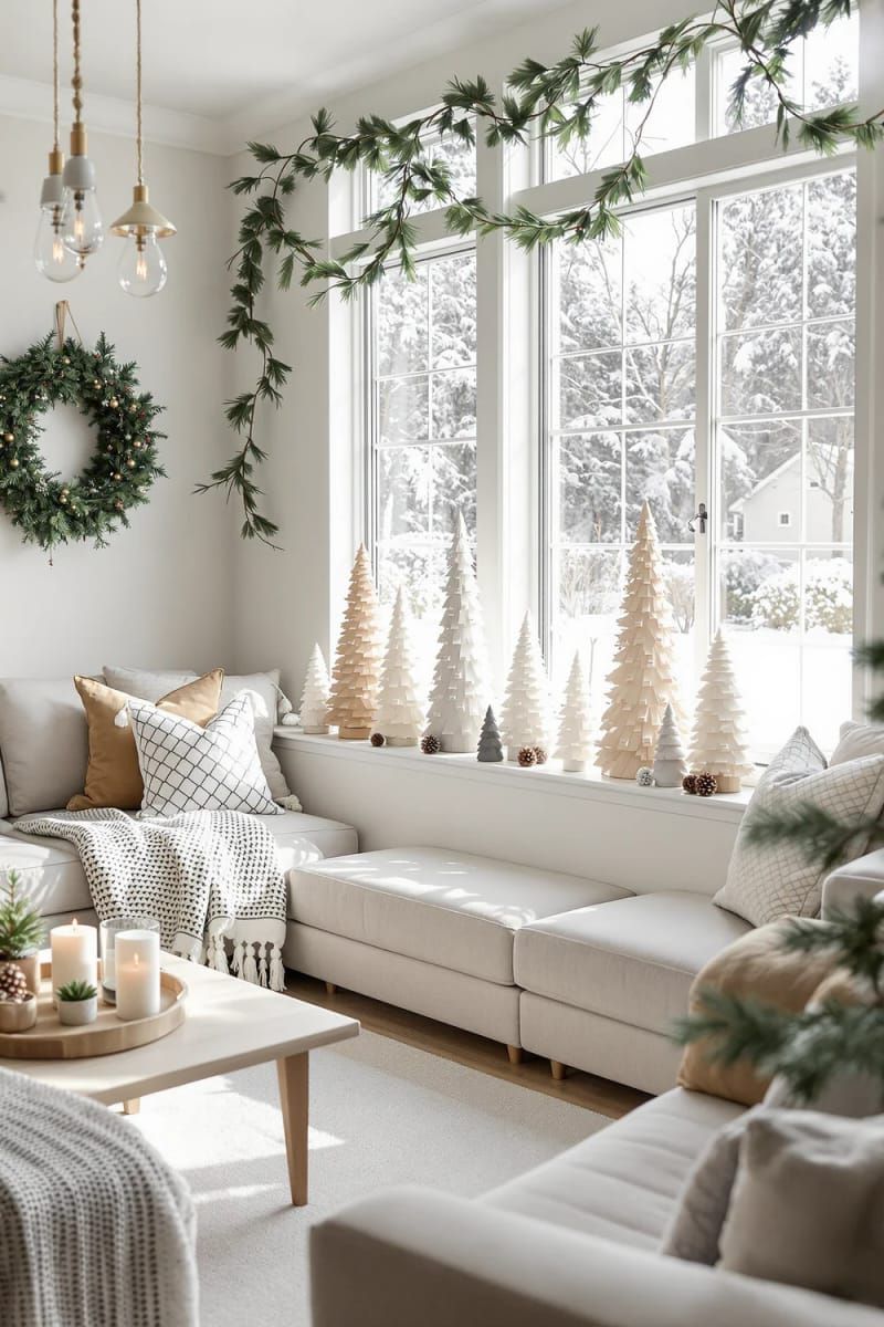 neutral-toned mini christmas trees on a windowsill 1