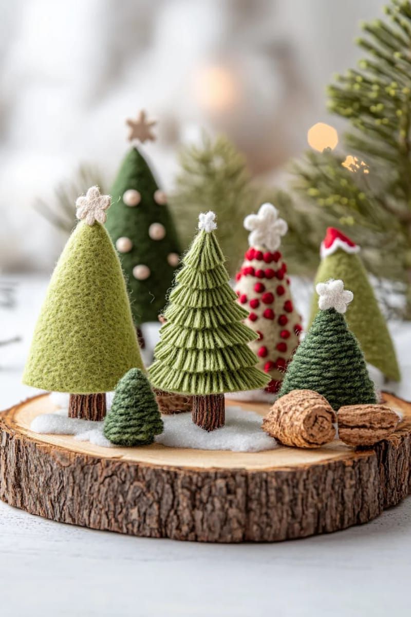 mini felt christmas trees on a wood slice base 1