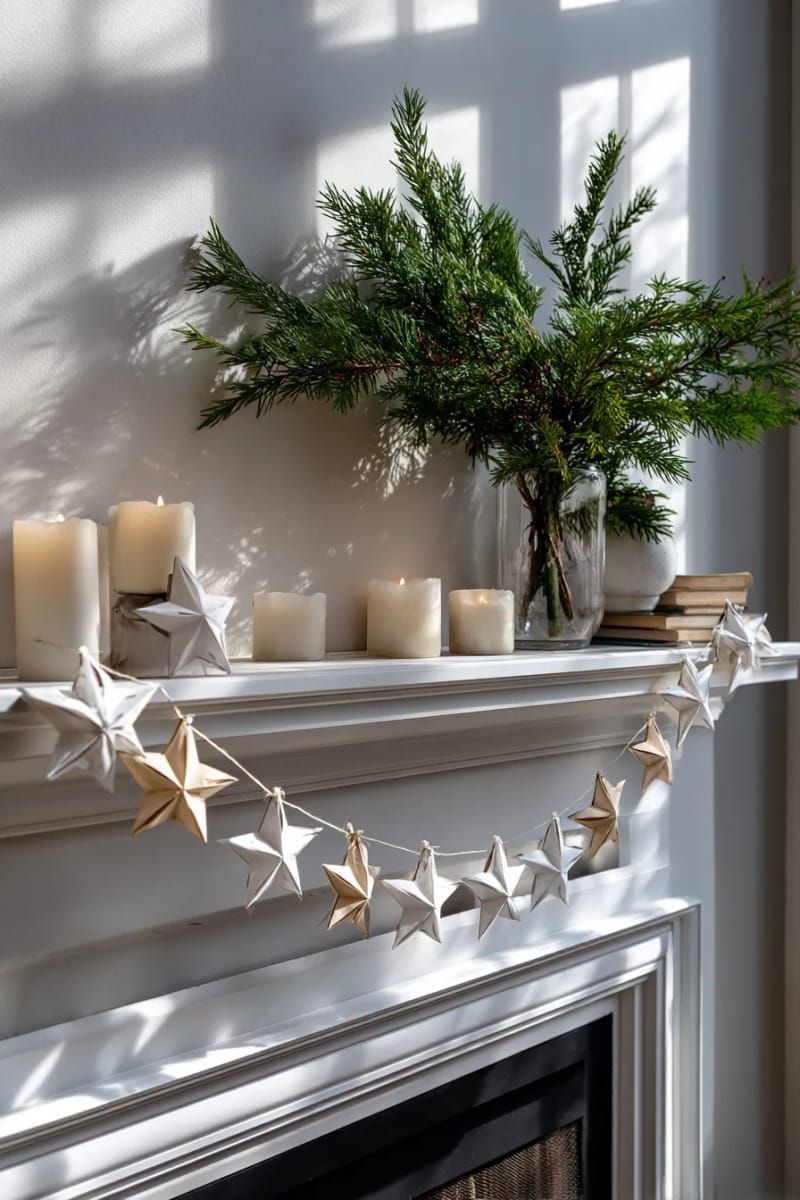 minimalist paper star garland draped across the mantel 1