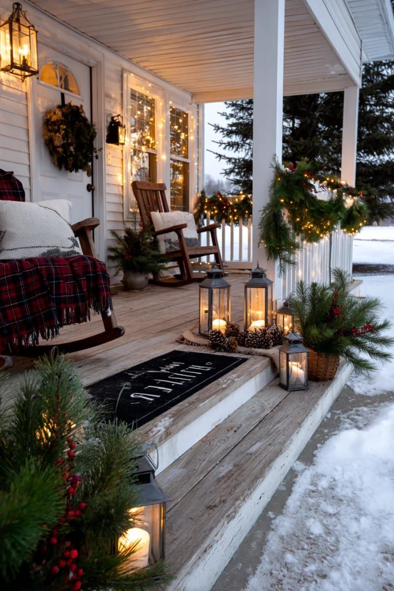 candle-lit lanterns surrounded by pine sprigs on the porch 1