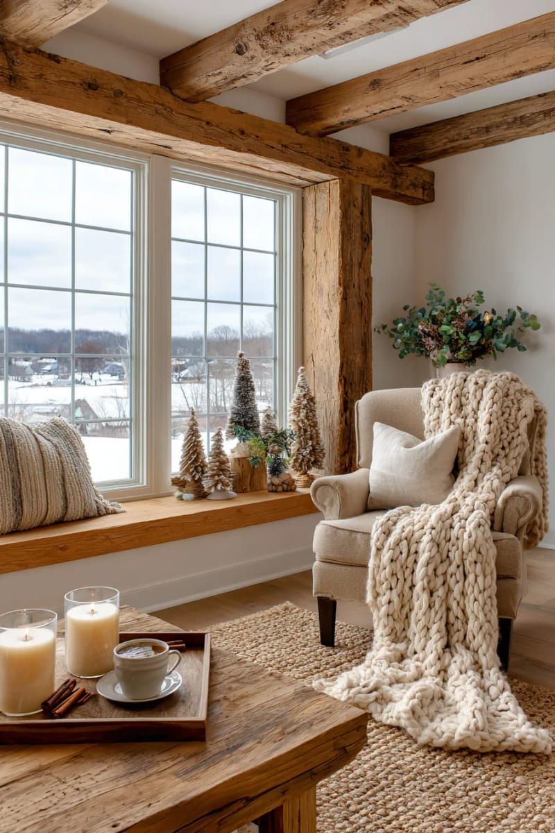 neutral-toned mini christmas trees on a windowsill 1