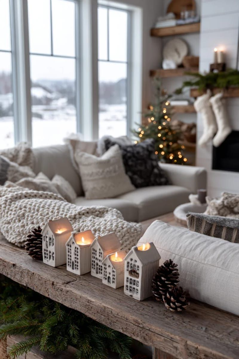 neutral ceramic houses with tea lights for a cozy village 1