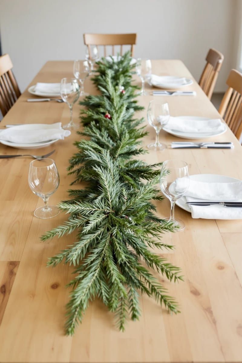 simple pine garland down the center of a farmhouse table 1