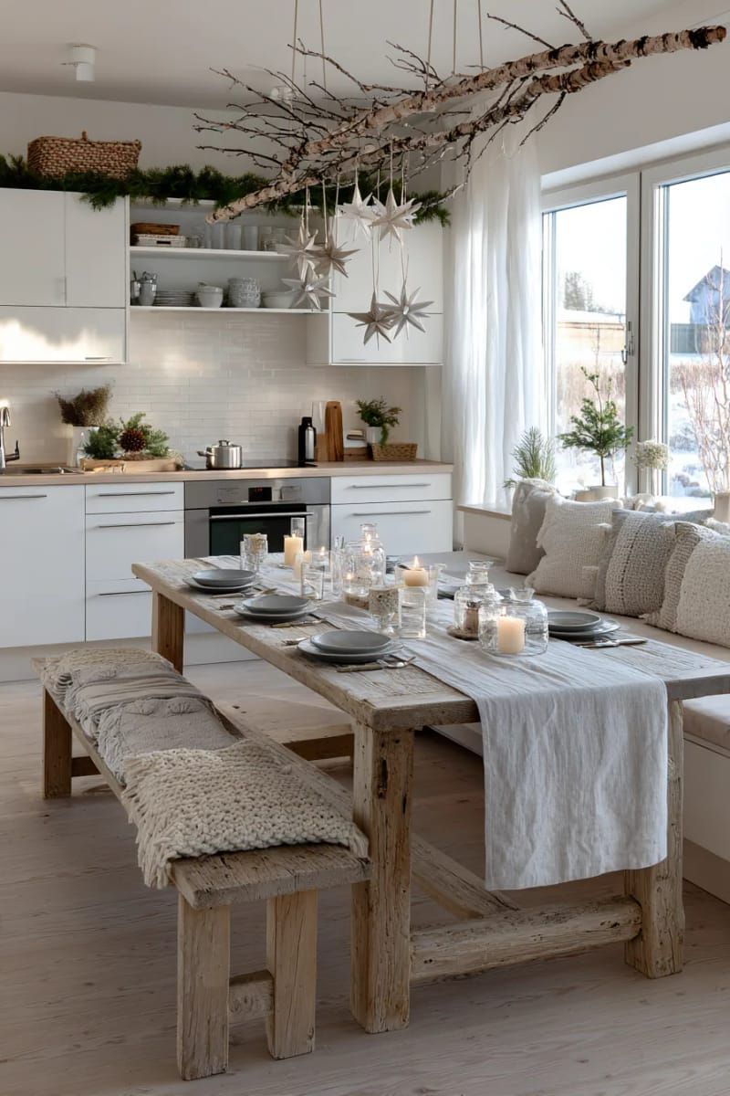 scandinavian-inspired branch with hanging wooden ornaments above a dining table 1
