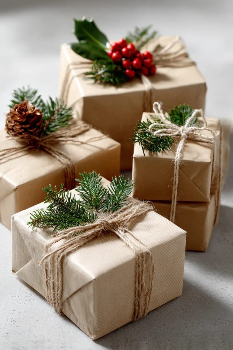 brown kraft paper-wrapped presents with twine and greenery 1