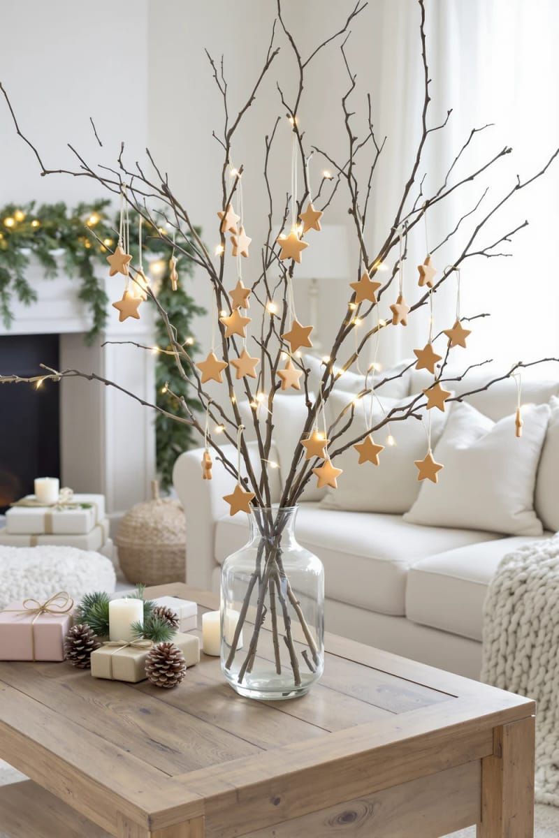 star-shaped cookie ornaments tied with twine on a bare branch 1