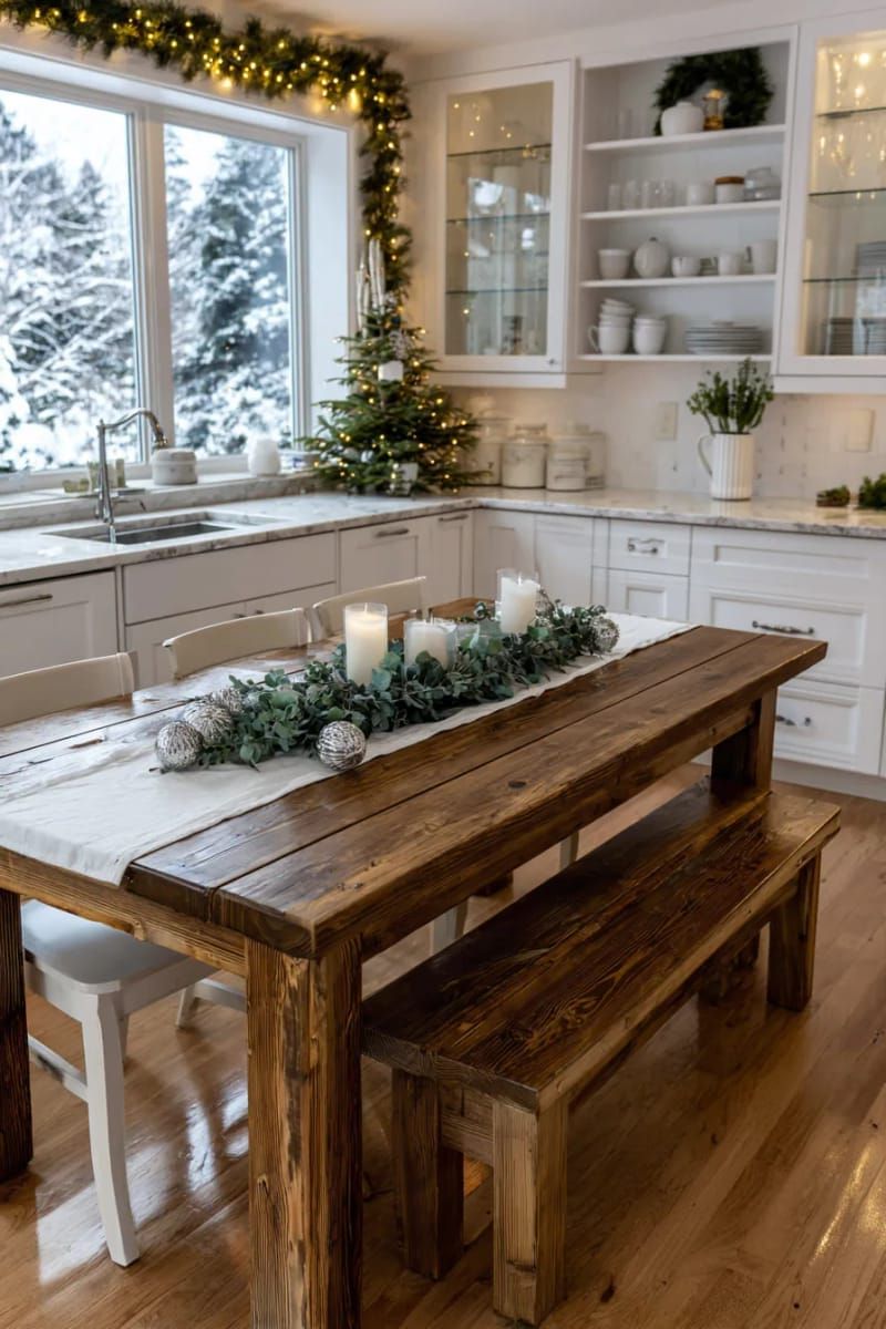 table runner made of fresh eucalyptus and silver baubles 1
