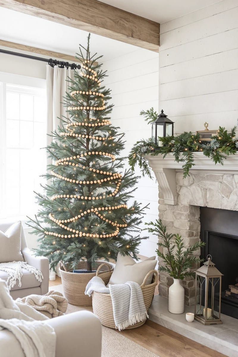 wooden bead garland wrapped around a minimalist tree 1