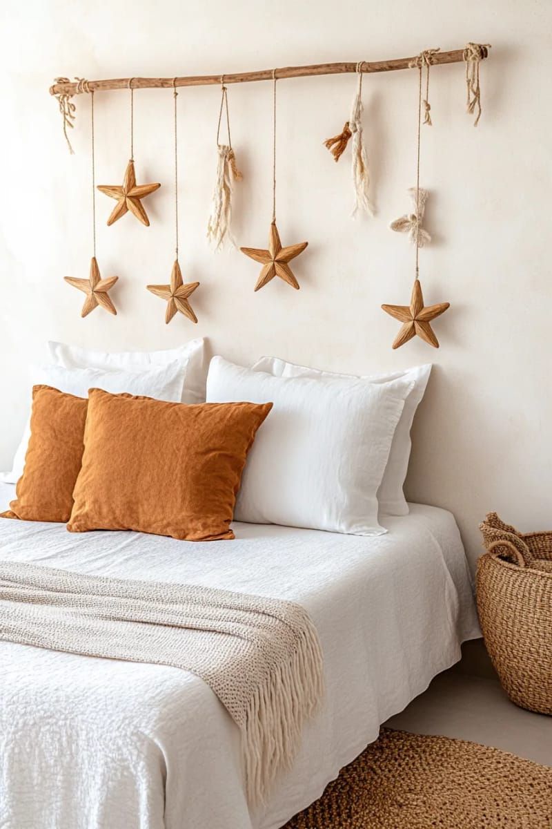 natural wood stars hanging above a bed or sofa 1