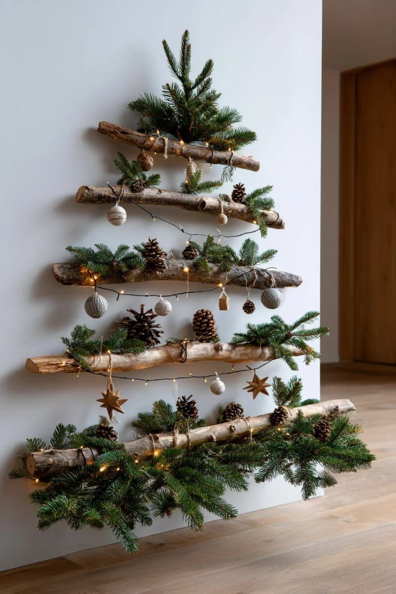 wall-mounted christmas tree made from layered branches 1