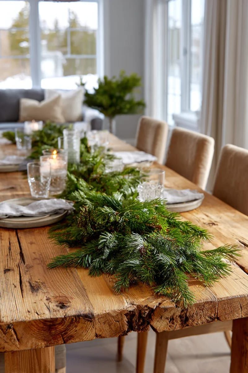 simple pine garland down the center of a farmhouse table 1