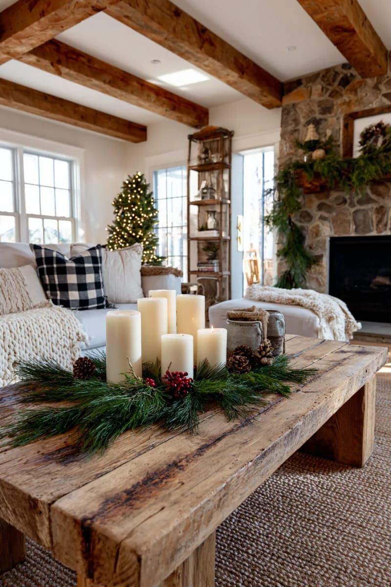 cluster of white pillar candles nestled in pine sprigs 1