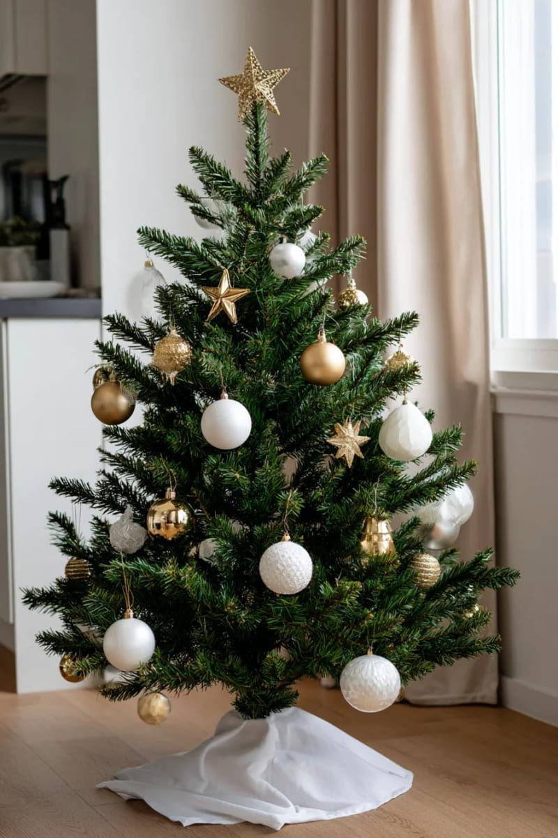 minimalist tree decorated only with white and gold ornaments 1