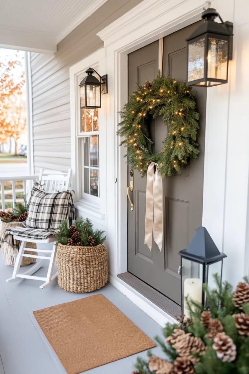 simple pine wreath hung by a satin ribbon on interior doors 1