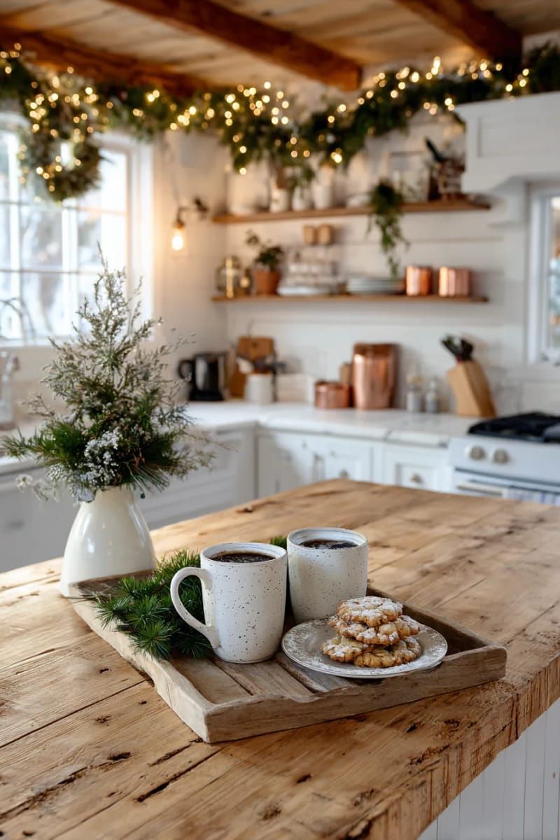 rustic wooden tray with mugs, cookies, and a sprig of holly 1