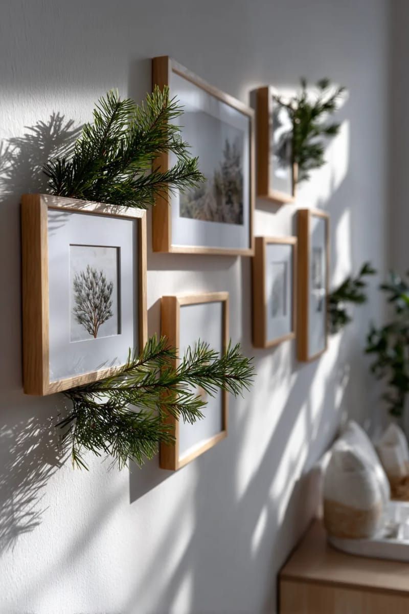 evergreen sprigs tucked into wall art or framed prints 1