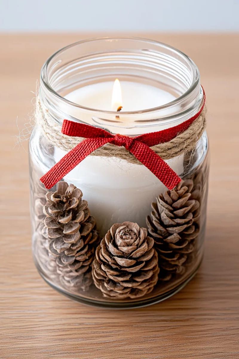 pinecone and jar candle centerpiece with red ribbon and rustic twine accent 1