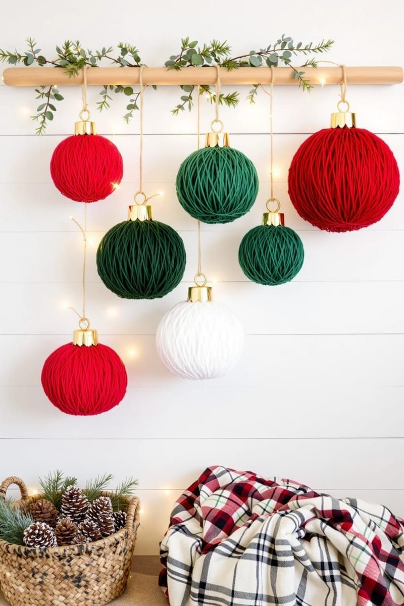 giant ornament wall hanging using yarn-wrapped balls and wooden dowels 1
