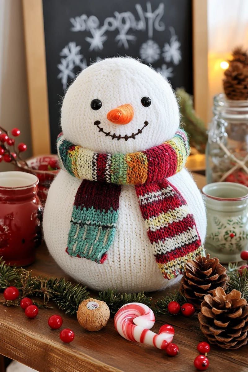 fluffy snowman made from white fabric and thrifted scarves on entry table 1