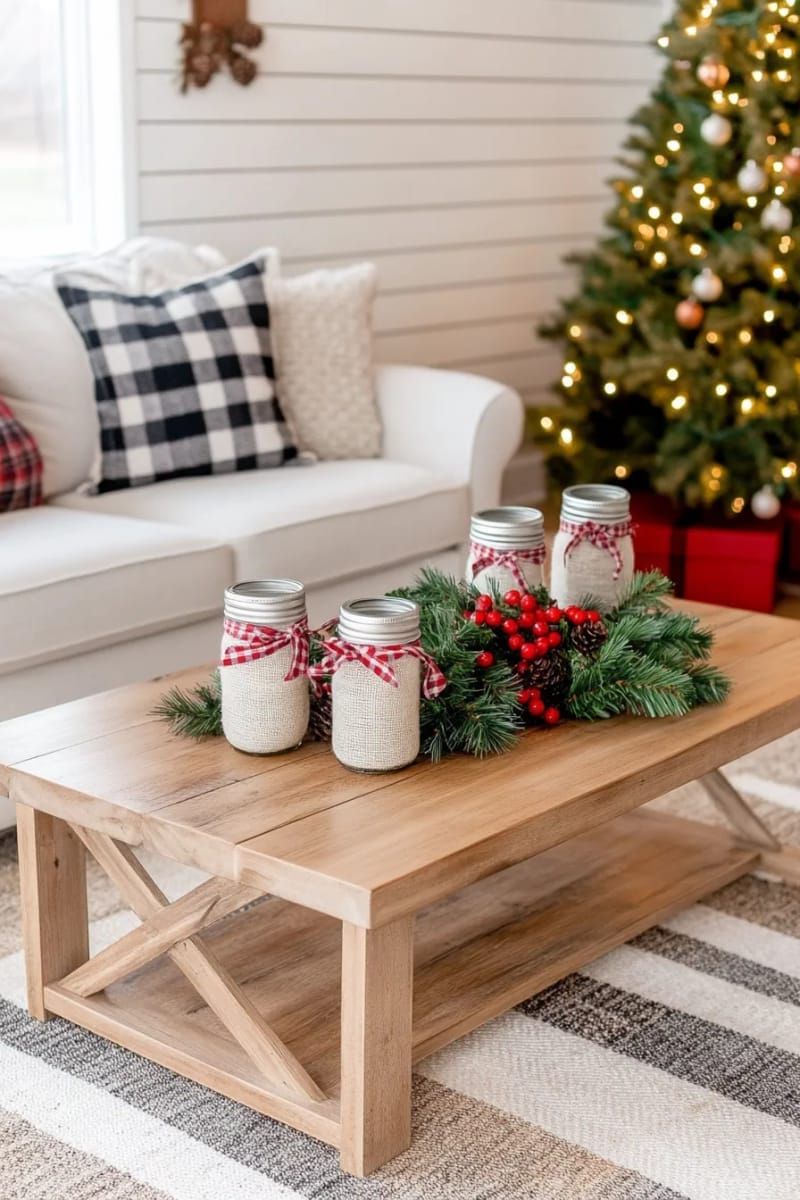 farmhouse-inspired twine-wrapped mason jars with plaid ribbon bows 1