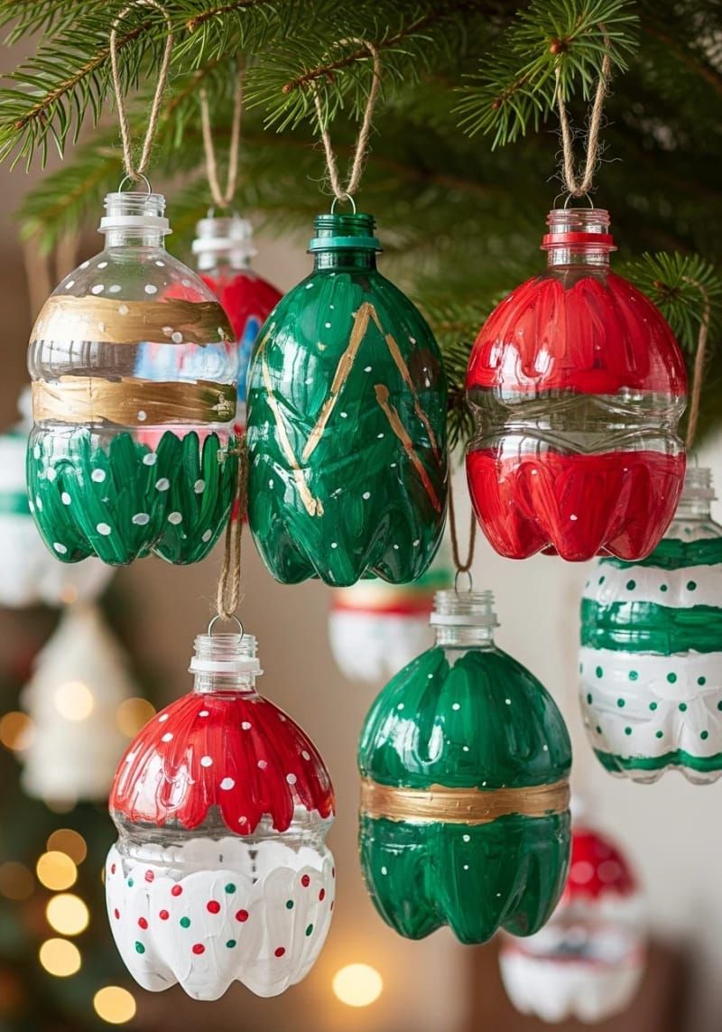 upcycled plastic water bottle baubles painted in classic christmas colors 1