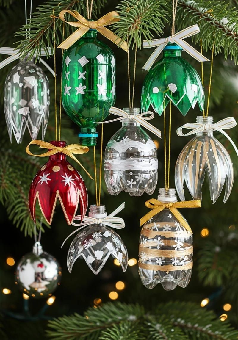 upcycled plastic water bottle baubles painted in classic christmas colors 1