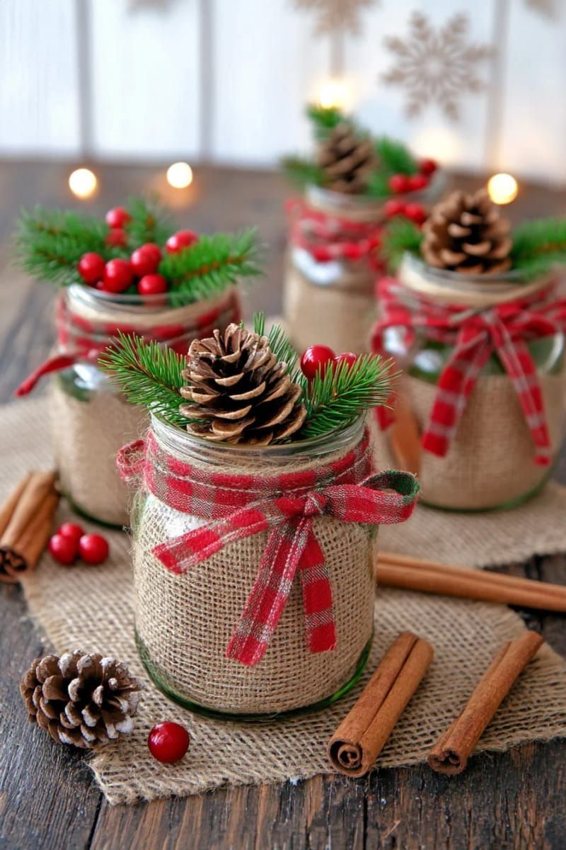 farmhouse-inspired twine-wrapped mason jars with plaid ribbon bows 1